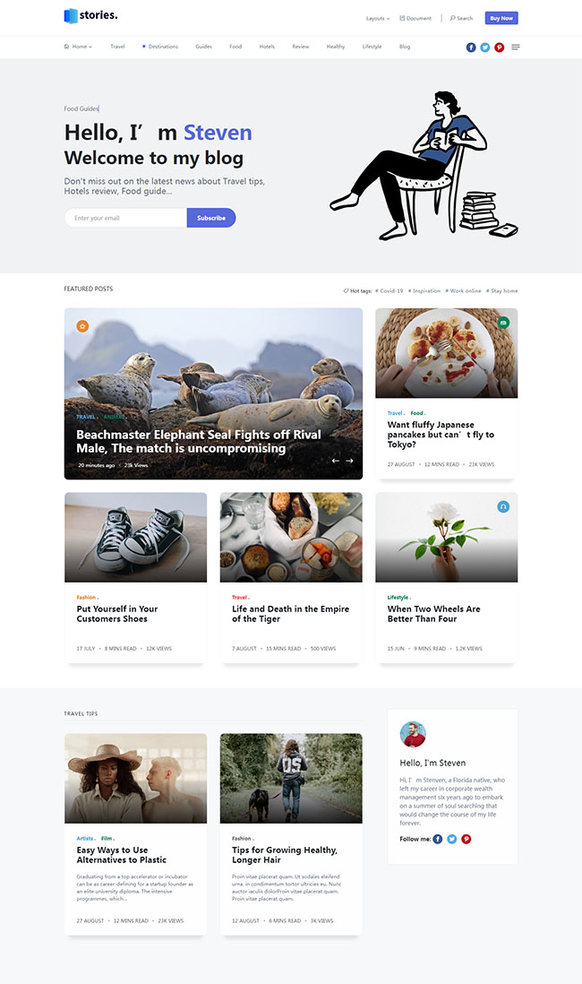 HTML5蓝色宽屏样式旅行生活日志网站模板代码